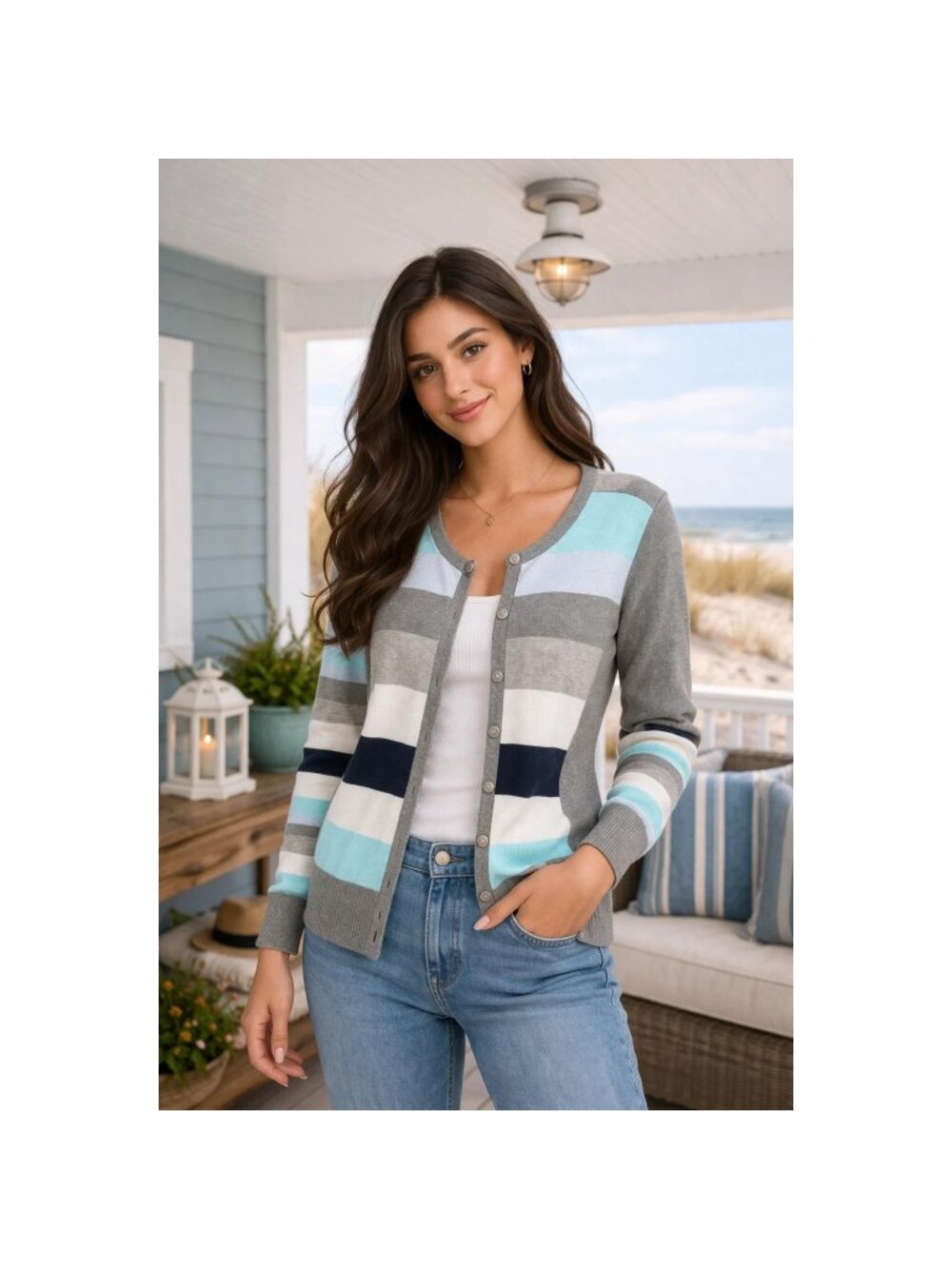 LANDS' END 1X Striped 100% Supima Cotton Cardigan Sweater Coastal Gray Blue NEW